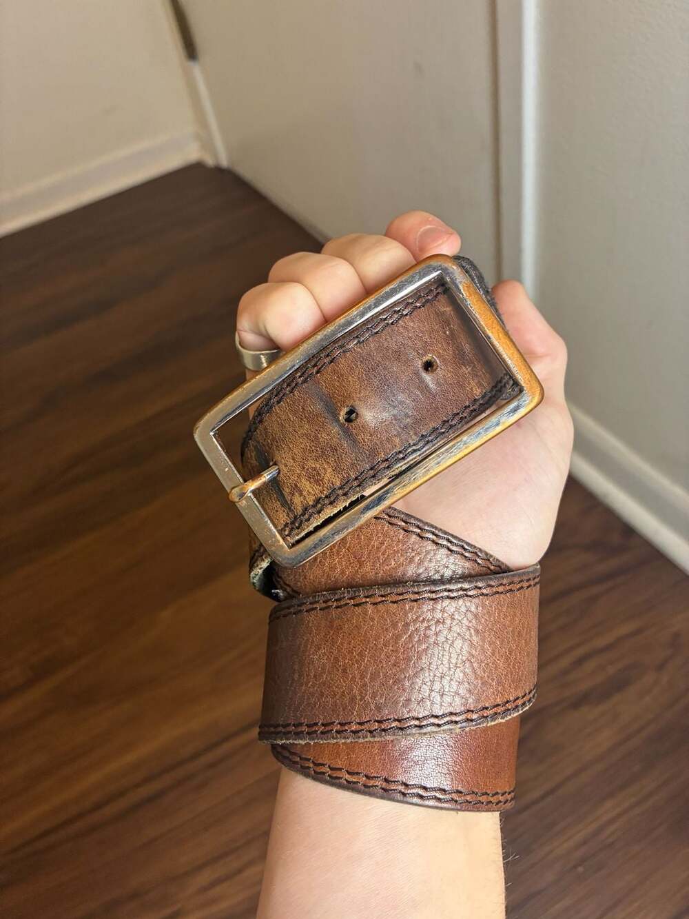 Vintage Solid Brass Brown Distressed Leather Belt Size 44